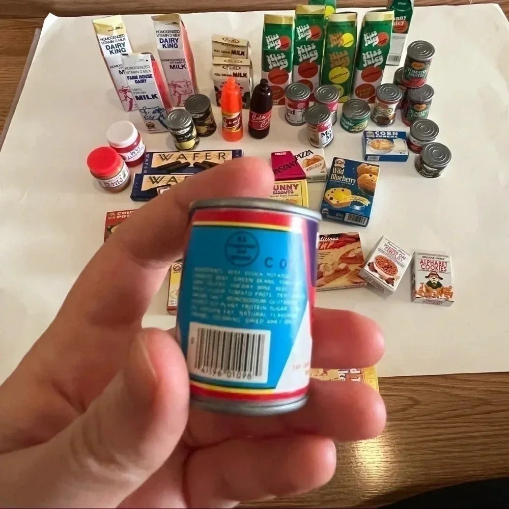 Lot 45 Vtg Pretend Play Food Mini Boxes Cans Coca Cola Progreso Milk Pizza Pasta